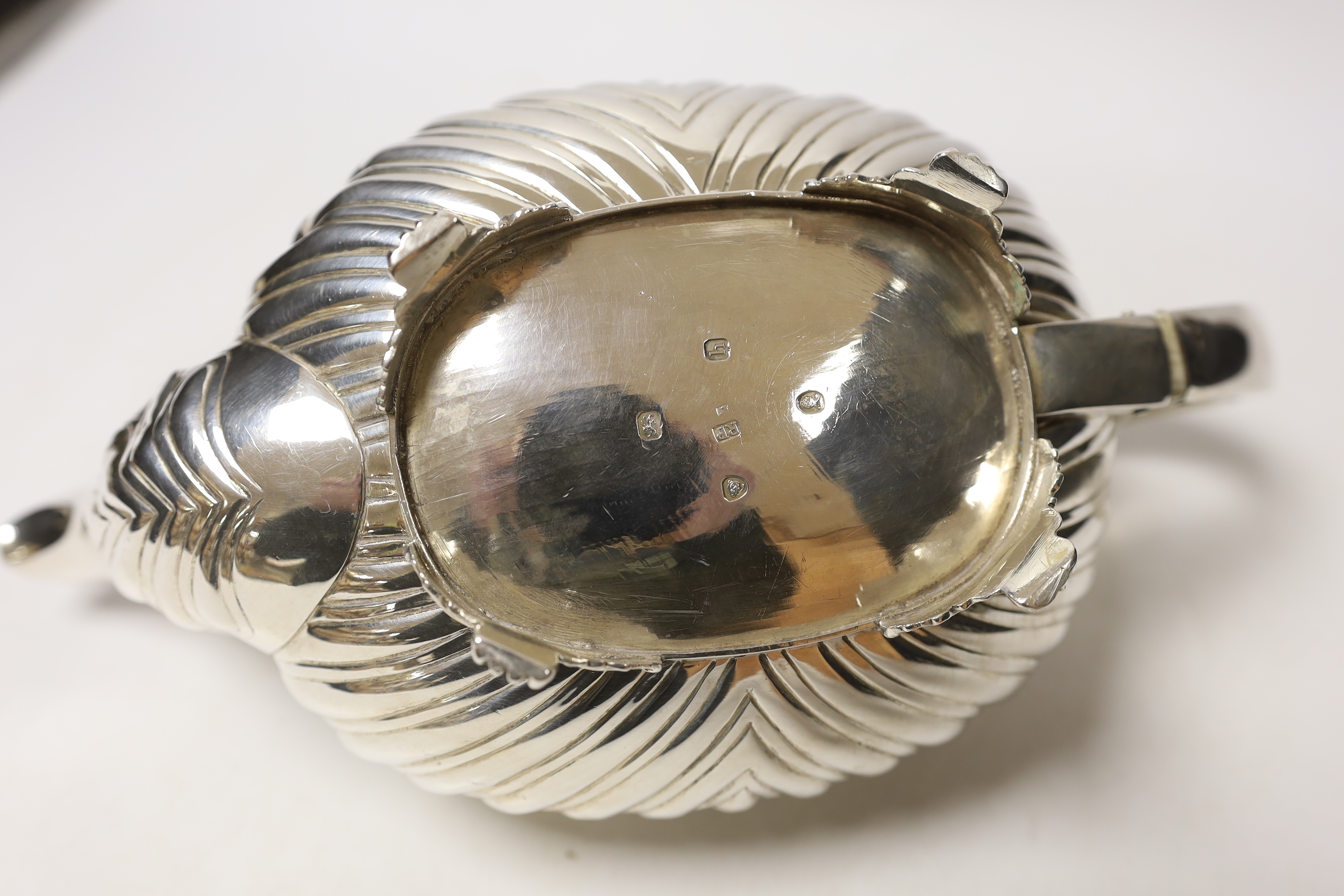A George IV demi-fluted silver oval tea pot, maker RP, London, 1823, gross weight 23.2oz, CITES Submission reference, 4XP4B3AZ